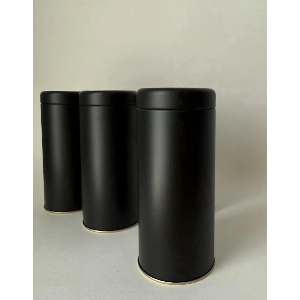 Tin Set Of 3 Black Matte Cylinder Slip In Lid Airtight Tea Coffee Spices NEW